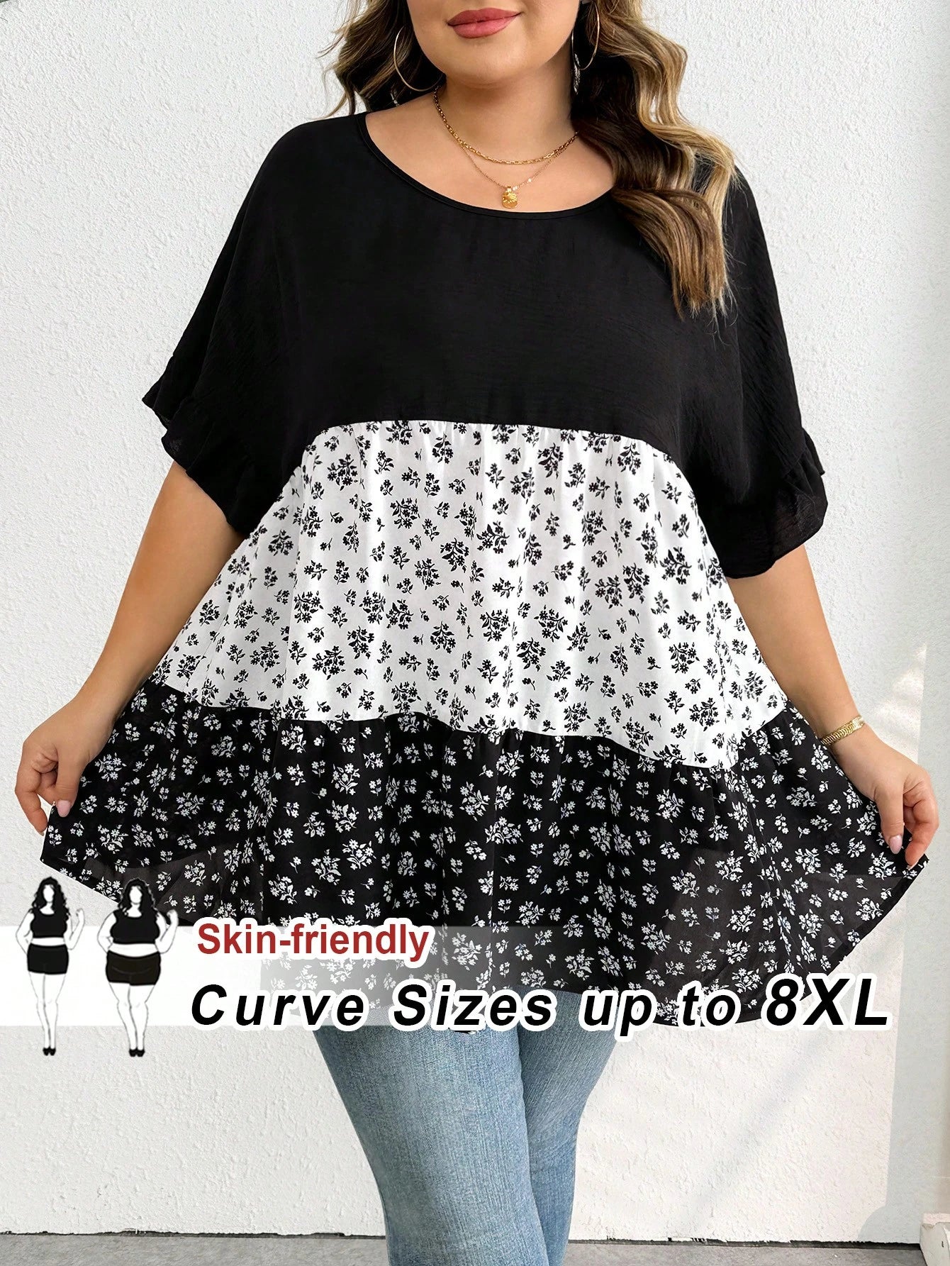 CURVE+ Plus Size Casual Colorblock Ditsy Floral Shirt, Relaxed Holiday Vibe, Suitable For Country Music Festivals, Women's Boho Style, Spring Year
