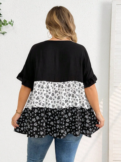 CURVE+ Plus Size Casual Colorblock Ditsy Floral Shirt, Relaxed Holiday Vibe, Suitable For Country Music Festivals, Women's Boho Style, Spring Year
