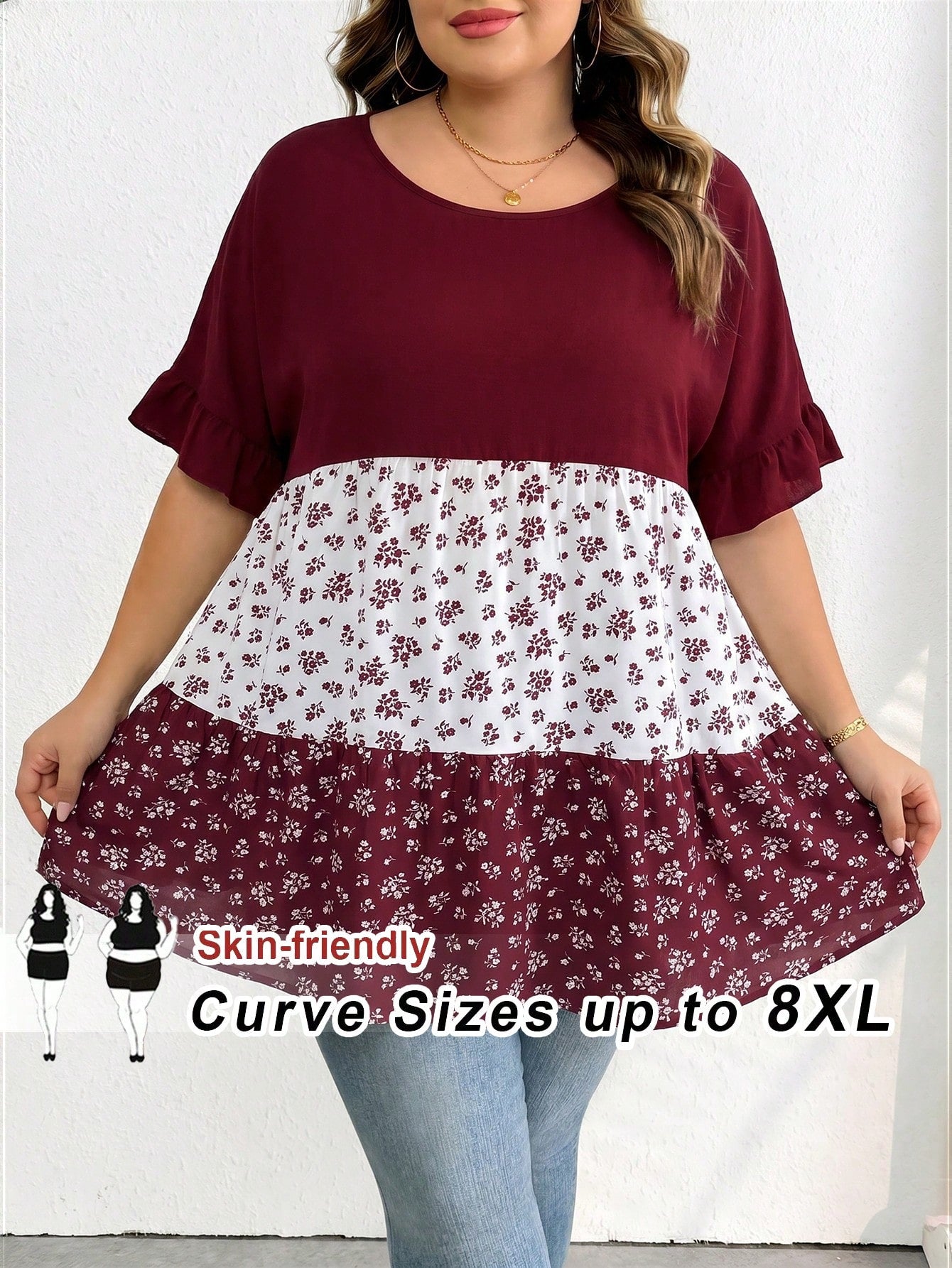CURVE+ Plus Size Casual Colorblock Ditsy Floral Shirt, Relaxed Holiday Vibe, Suitable For Country Music Festivals, Women's Boho Style, Spring Year