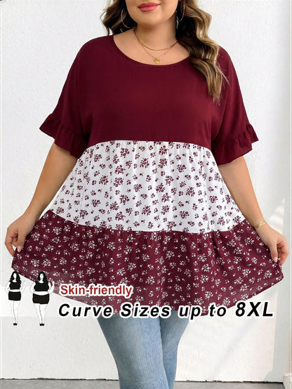 CURVE+ Plus Size Casual Colorblock Ditsy Floral Shirt, Relaxed Holiday Vibe, Suitable For Country Music Festivals, Women's Boho Style, Spring Year