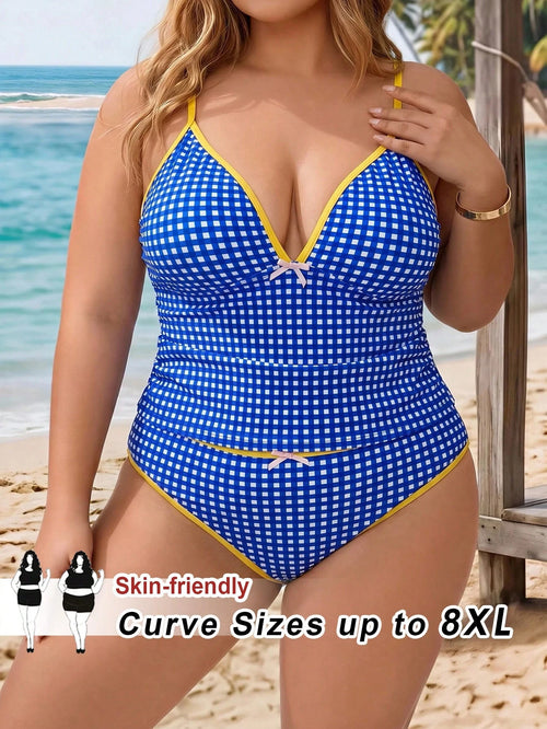 CURVE+ Plus Size Women 2-Piece Random Geometric Square Print Fashion Vacation Casual Slimming Modest Bow Adjustable Thick Strap High Waist High Leg Opening Triangle Bikini Swimwear 2026 New Back