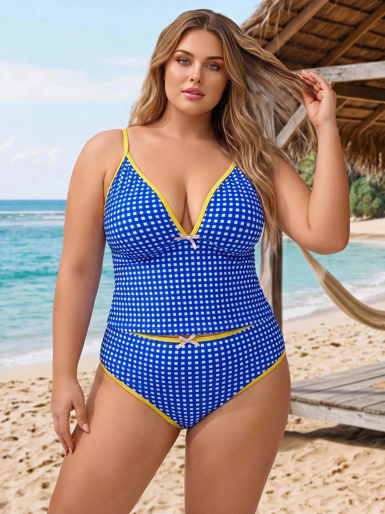 CURVE+ Plus Size Women 2-Piece Random Geometric Square Print Fashion Vacation Casual Slimming Modest Bow Adjustable Thick Strap High Waist High Leg Opening Triangle Bikini Swimwear 2026 New Back
