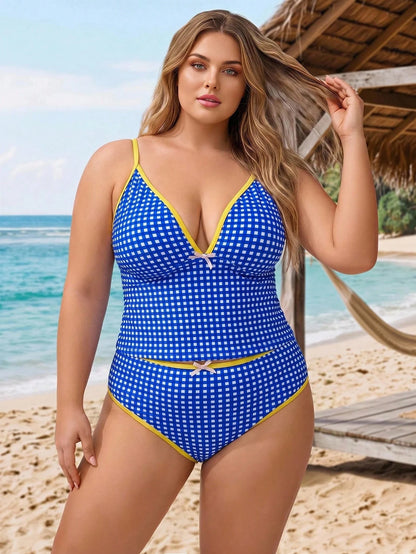 CURVE+ Plus Size Women 2-Piece Random Geometric Square Print Fashion Vacation Casual Slimming Modest Bow Adjustable Thick Strap High Waist High Leg Opening Triangle Bikini Swimwear 2026 New Back