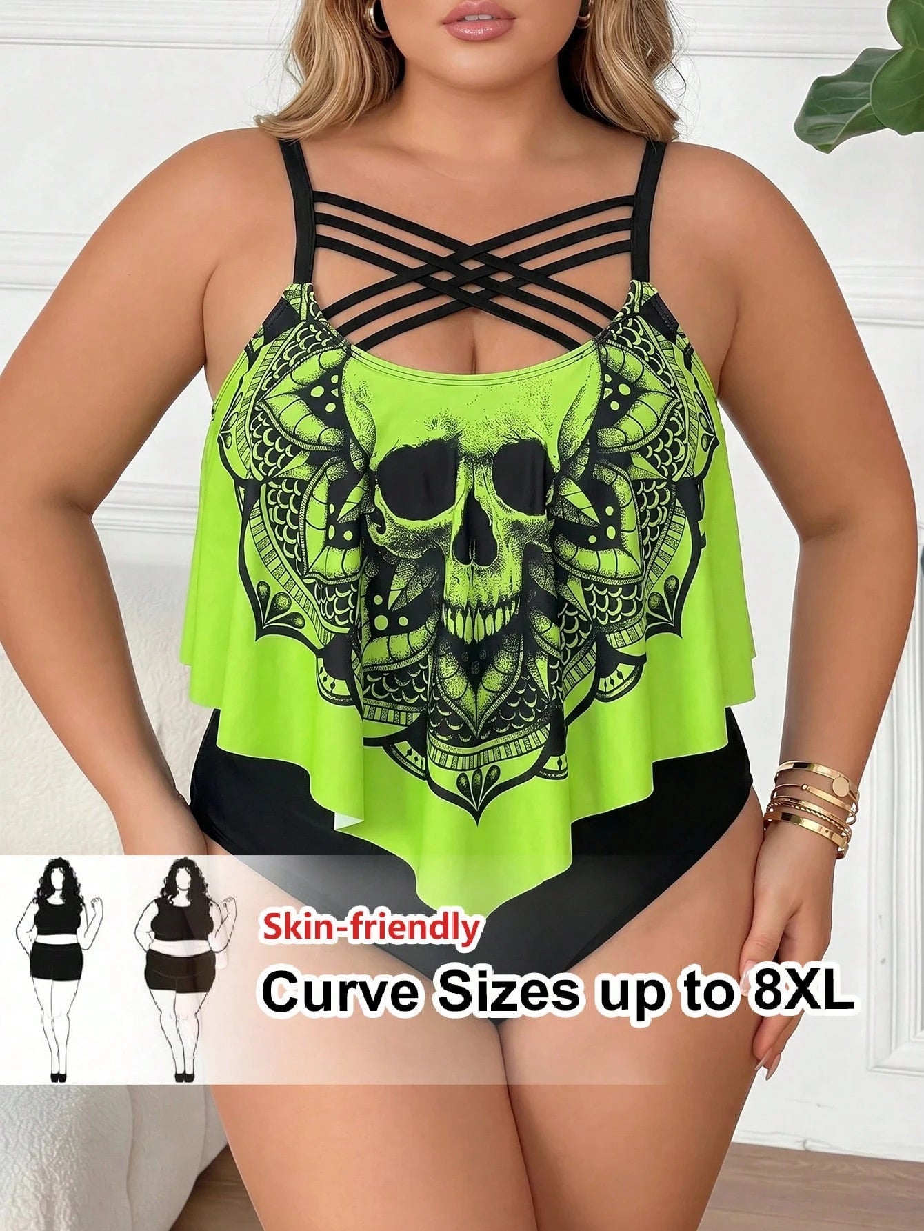 CURVE+ Plus Size Women's 2pcs Floral Print Spaghetti Strap Ruffled Hem Tankini Swimwear Beach Summer Goth
