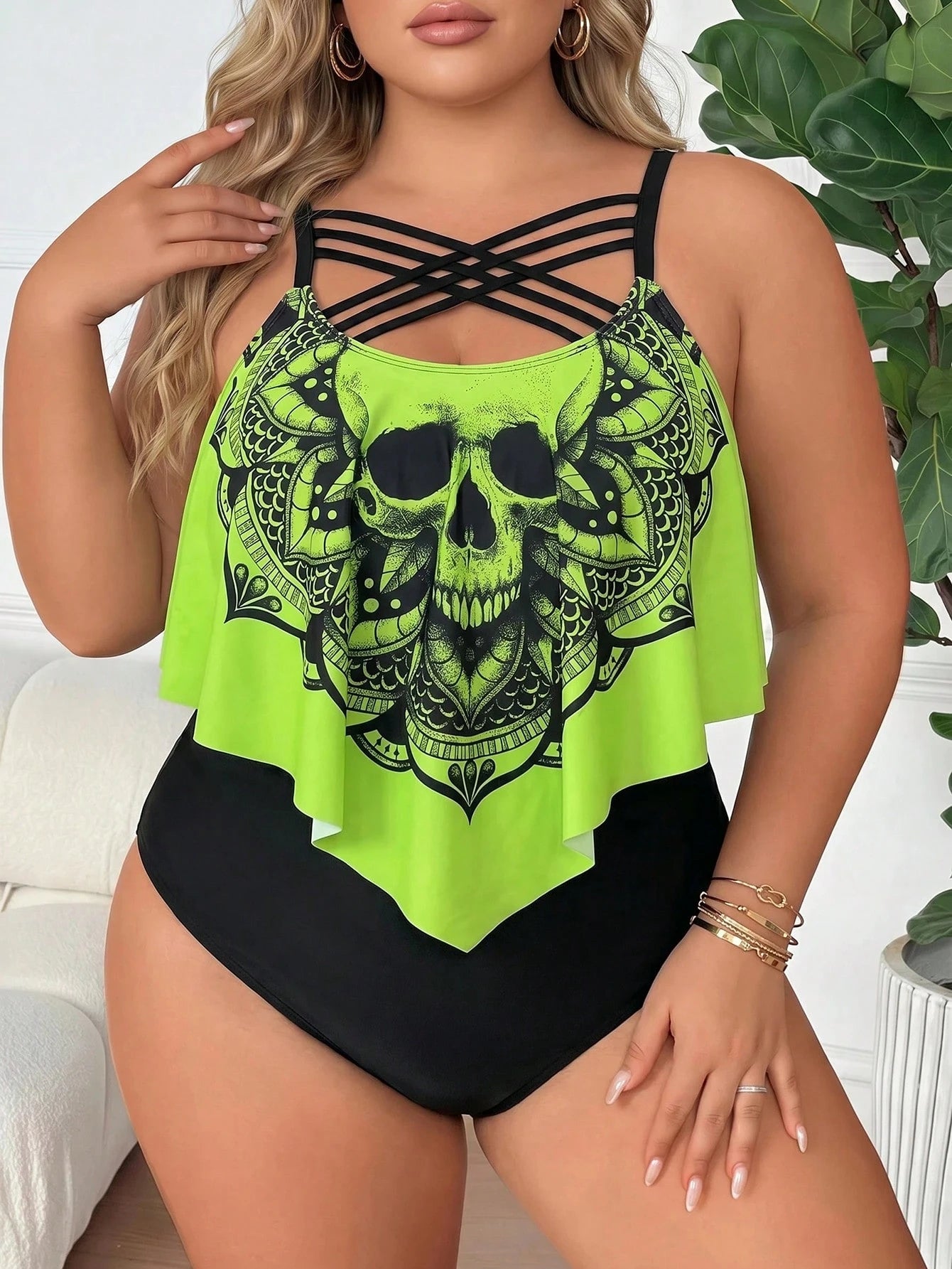 CURVE+ Plus Size Women's 2pcs Floral Print Spaghetti Strap Ruffled Hem Tankini Swimwear Beach Summer Goth