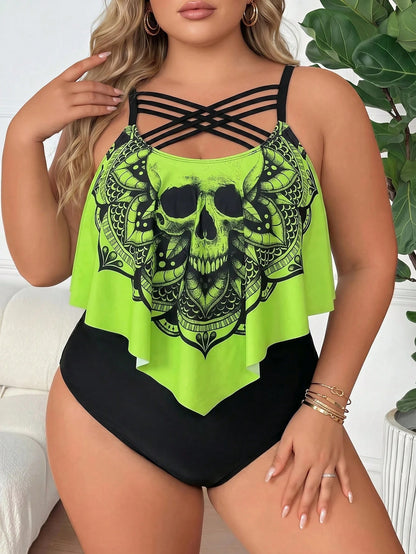 CURVE+ Plus Size Women's 2pcs Floral Print Spaghetti Strap Ruffled Hem Tankini Swimwear Beach Summer Goth
