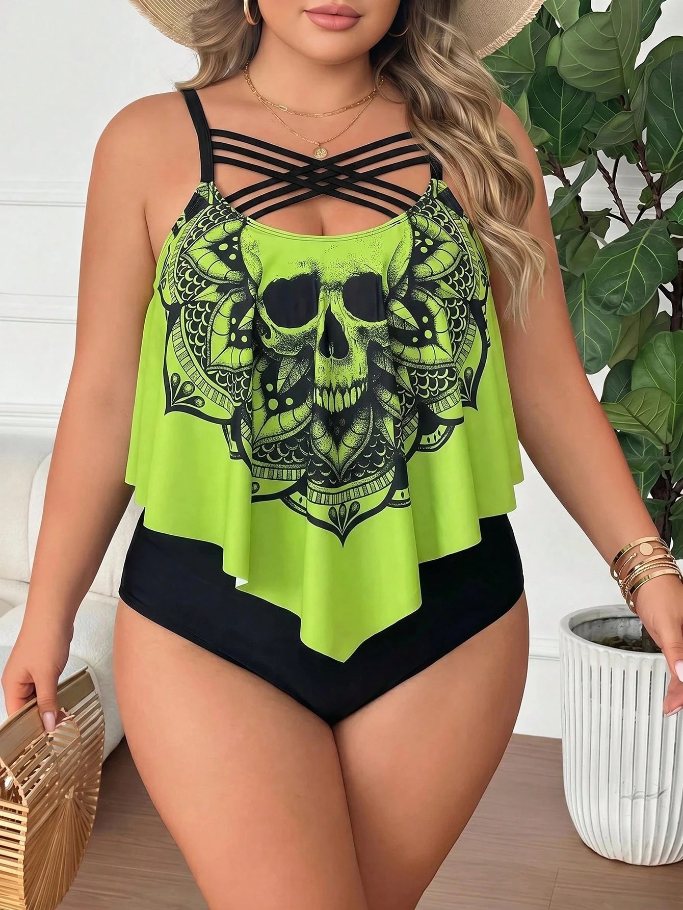 CURVE+ Plus Size Women's 2pcs Floral Print Spaghetti Strap Ruffled Hem Tankini Swimwear Beach Summer Goth