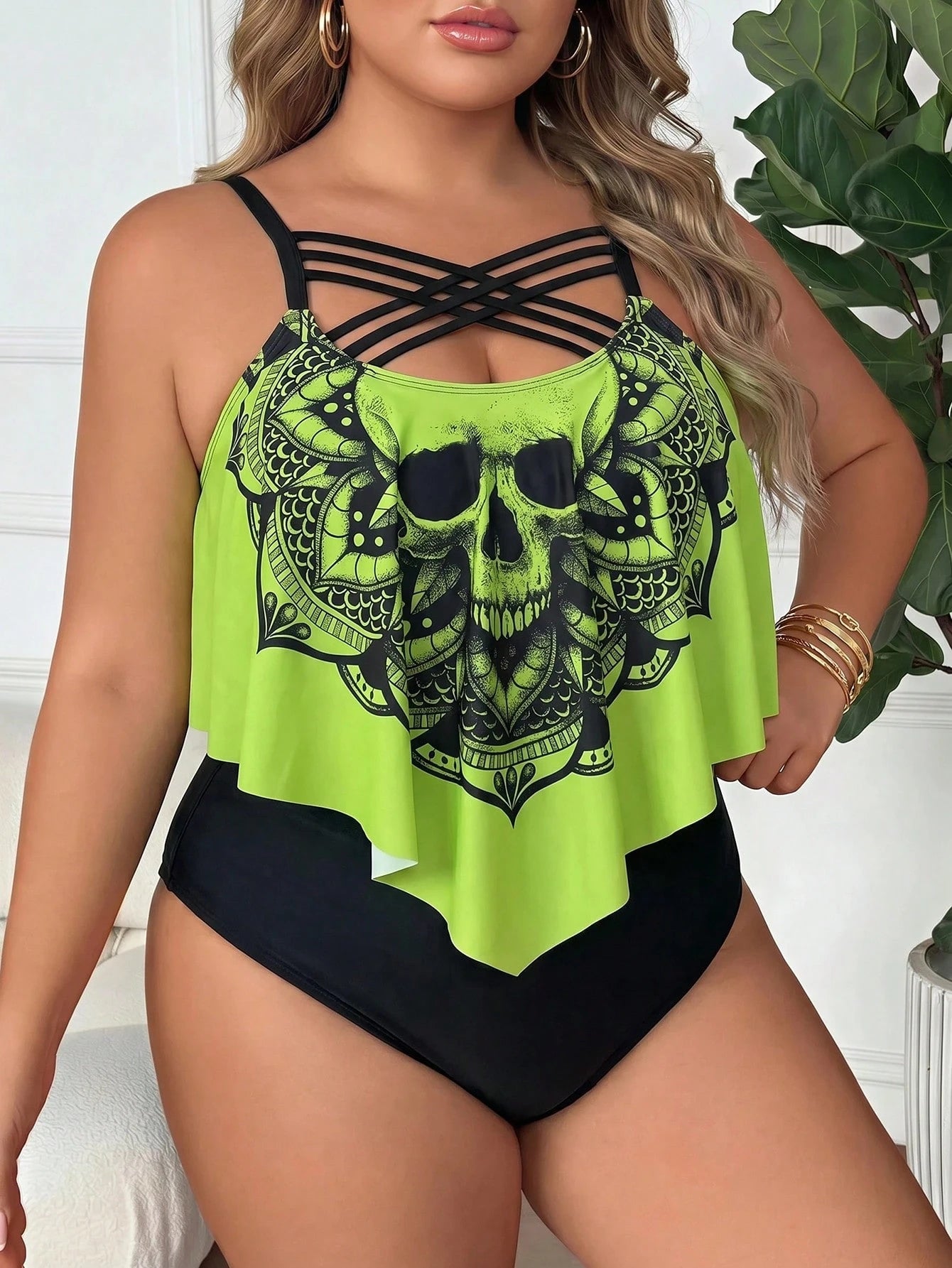 CURVE+ Plus Size Women's 2pcs Floral Print Spaghetti Strap Ruffled Hem Tankini Swimwear Beach Summer Goth