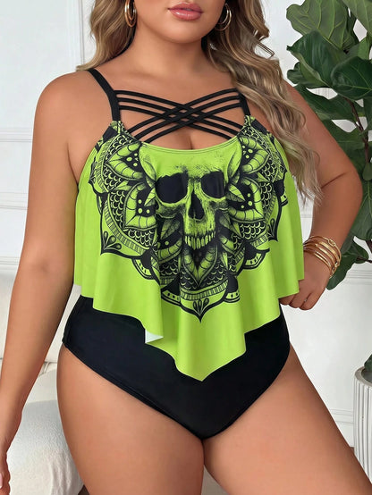 CURVE+ Plus Size Women's 2pcs Floral Print Spaghetti Strap Ruffled Hem Tankini Swimwear Beach Summer Goth