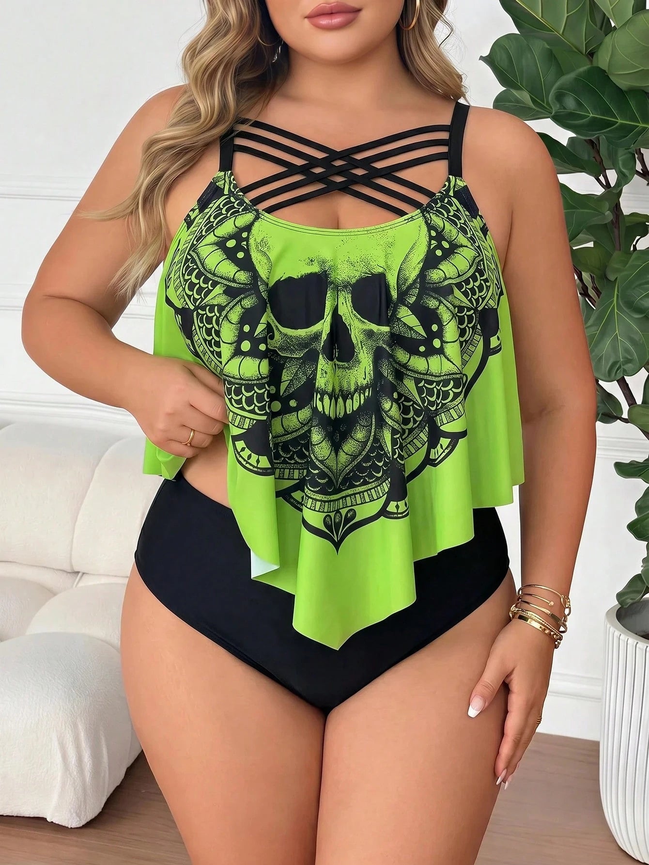 CURVE+ Plus Size Women's 2pcs Floral Print Spaghetti Strap Ruffled Hem Tankini Swimwear Beach Summer Goth