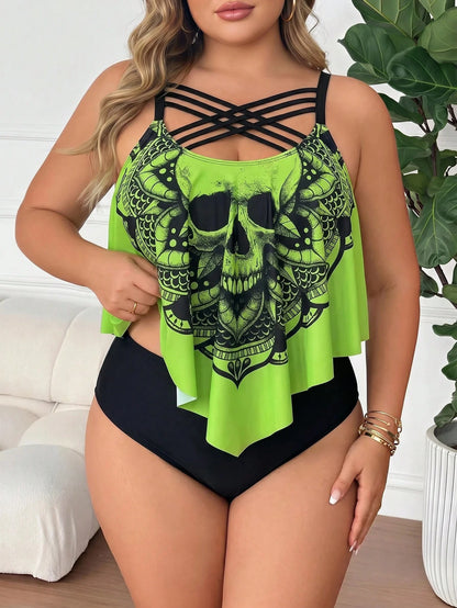 CURVE+ Plus Size Women's 2pcs Floral Print Spaghetti Strap Ruffled Hem Tankini Swimwear Beach Summer Goth
