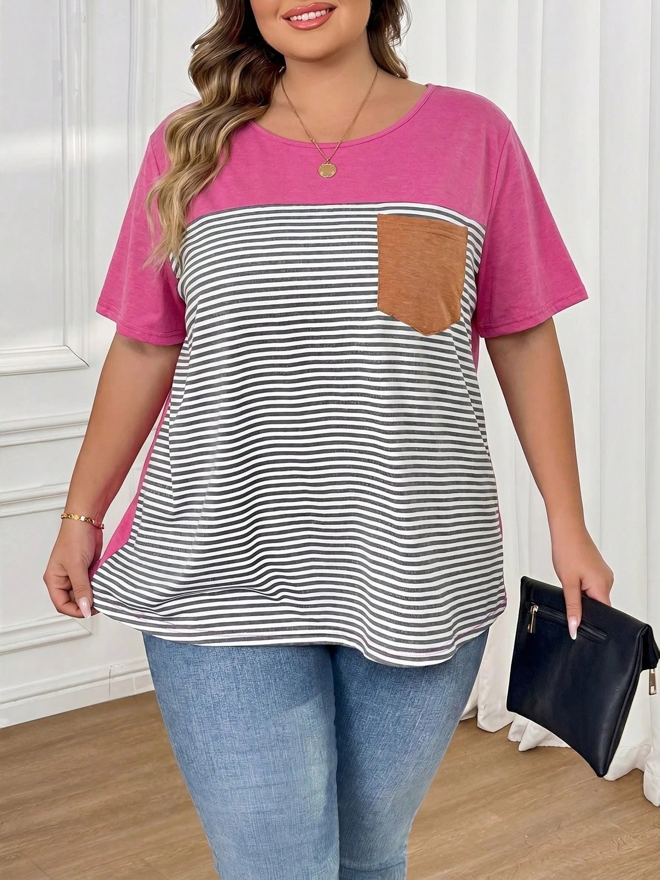 CURVE+ Plus Size Women's Color Blocked Striped Patch T-Shirt
