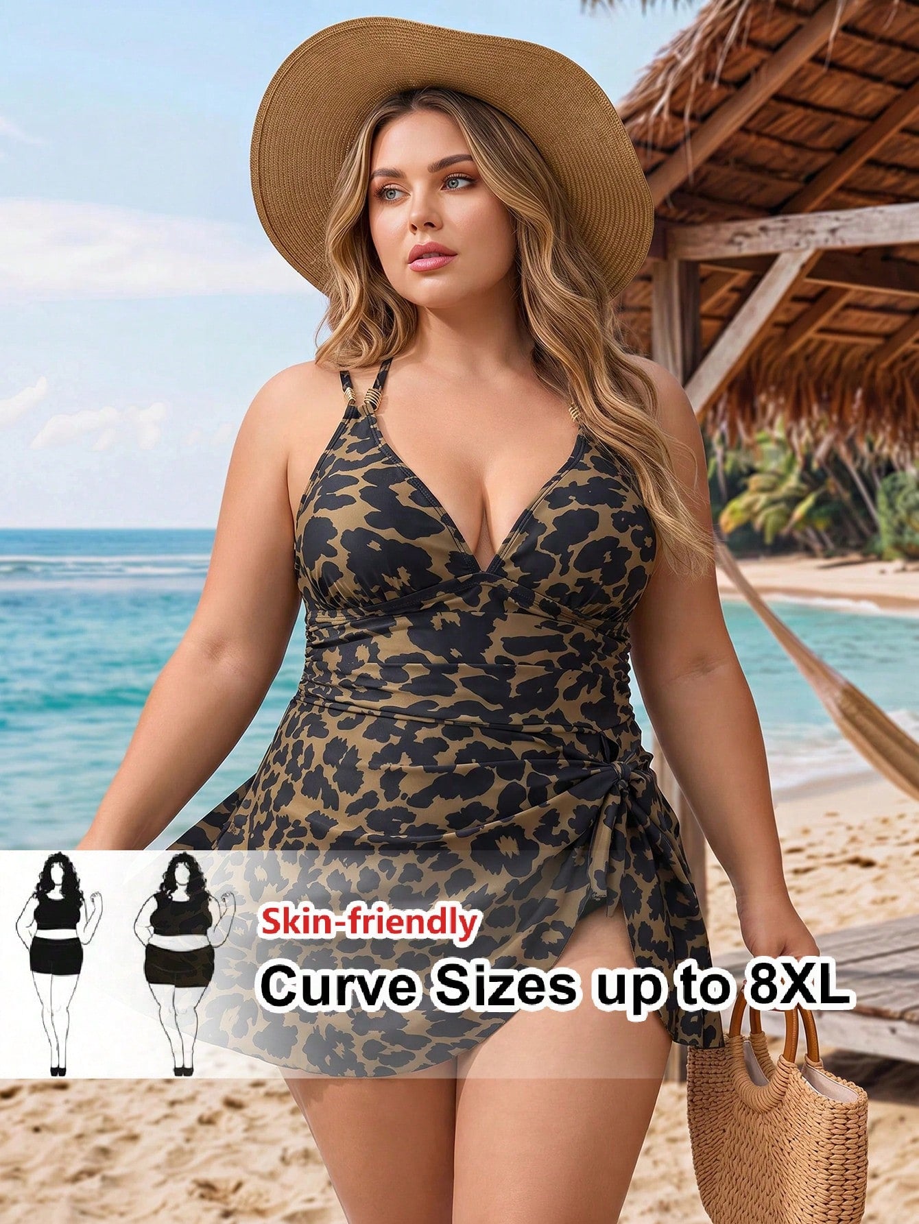 CURVE+ Plus Size Women's Leopard Print Pleated Camisole Swim Dress, Suitable For Summer Vacation And Beach