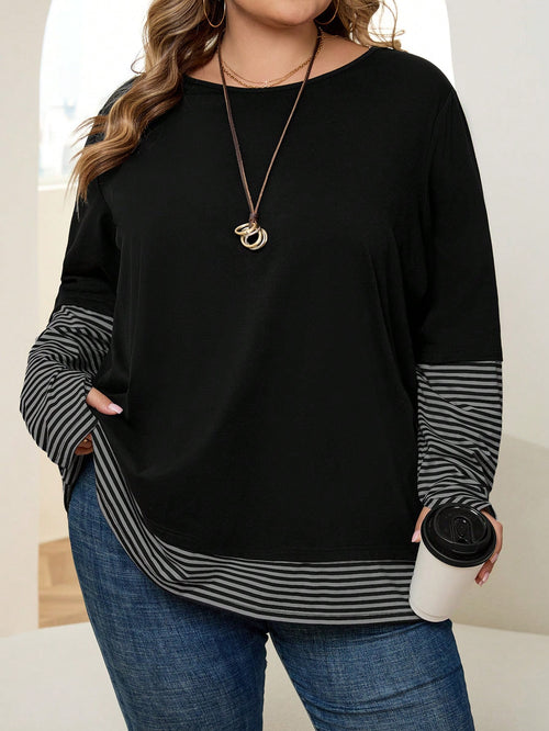 CURVE+ Plus Size Women Striped Patchwork Round Neck Long Sleeve Casual Loose T-Shirt Formal Holiday Black Autumn Fall Holiday Formal Office Formal
