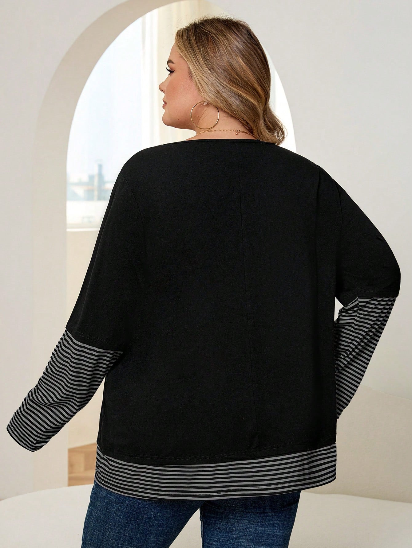CURVE+ Plus Size Women Striped Patchwork Round Neck Long Sleeve Casual Loose T-Shirt Formal Holiday Black Autumn Fall Holiday Formal Office Formal