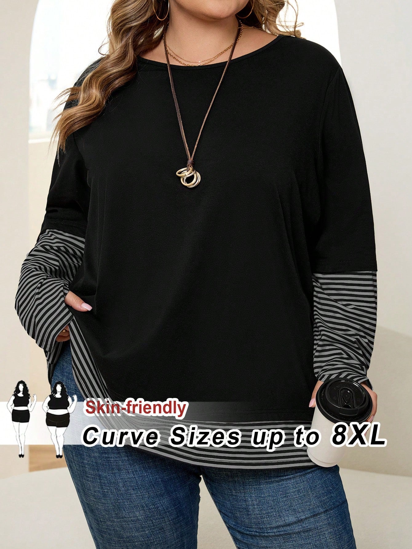 CURVE+ Plus Size Women Striped Patchwork Round Neck Long Sleeve Casual Loose T-Shirt Formal Holiday Black Autumn Fall Holiday Formal Office Formal