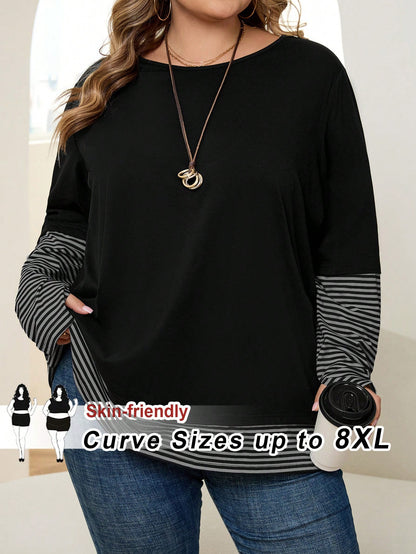 CURVE+ Plus Size Women Striped Patchwork Round Neck Long Sleeve Casual Loose T-Shirt Formal Holiday Black Autumn Fall Holiday Formal Office Formal