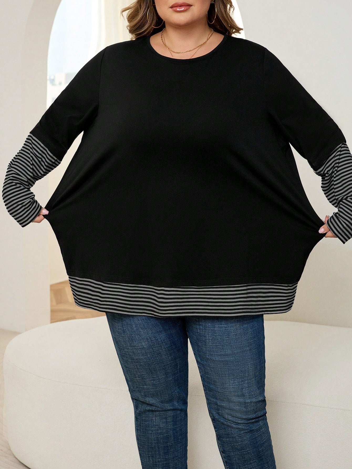 CURVE+ Plus Size Women Striped Patchwork Round Neck Long Sleeve Casual Loose T-Shirt Formal Holiday Black Autumn Fall Holiday Formal Office Formal
