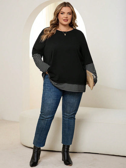 CURVE+ Plus Size Women Striped Patchwork Round Neck Long Sleeve Casual Loose T-Shirt Formal Holiday Black Autumn Fall Holiday Formal Office Formal