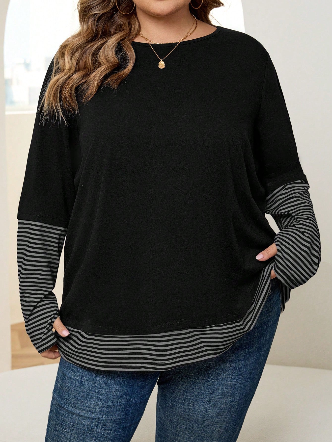CURVE+ Plus Size Women Striped Patchwork Round Neck Long Sleeve Casual Loose T-Shirt Formal Holiday Black Autumn Fall Holiday Formal Office Formal