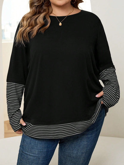 CURVE+ Plus Size Women Striped Patchwork Round Neck Long Sleeve Casual Loose T-Shirt Formal Holiday Black Autumn Fall Holiday Formal Office Formal