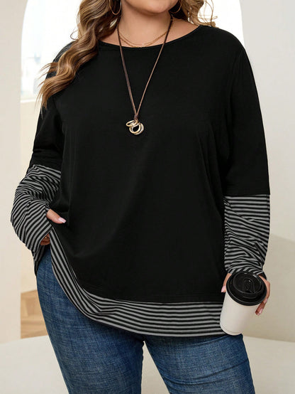 CURVE+ Plus Size Women Striped Patchwork Round Neck Long Sleeve Casual Loose T-Shirt Formal Holiday Black Autumn Fall Holiday Formal Office Formal