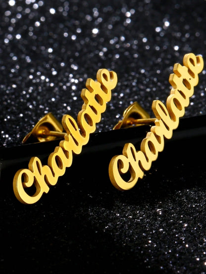 Custom Name Earrings Women Stainless Steel Gold Cursive Letters Arc Earrings Personalized Charm Birthday Jewelry Gift For Wife