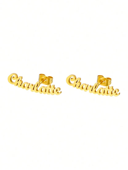 Custom Name Earrings Women Stainless Steel Gold Cursive Letters Arc Earrings Personalized Charm Birthday Jewelry Gift For Wife