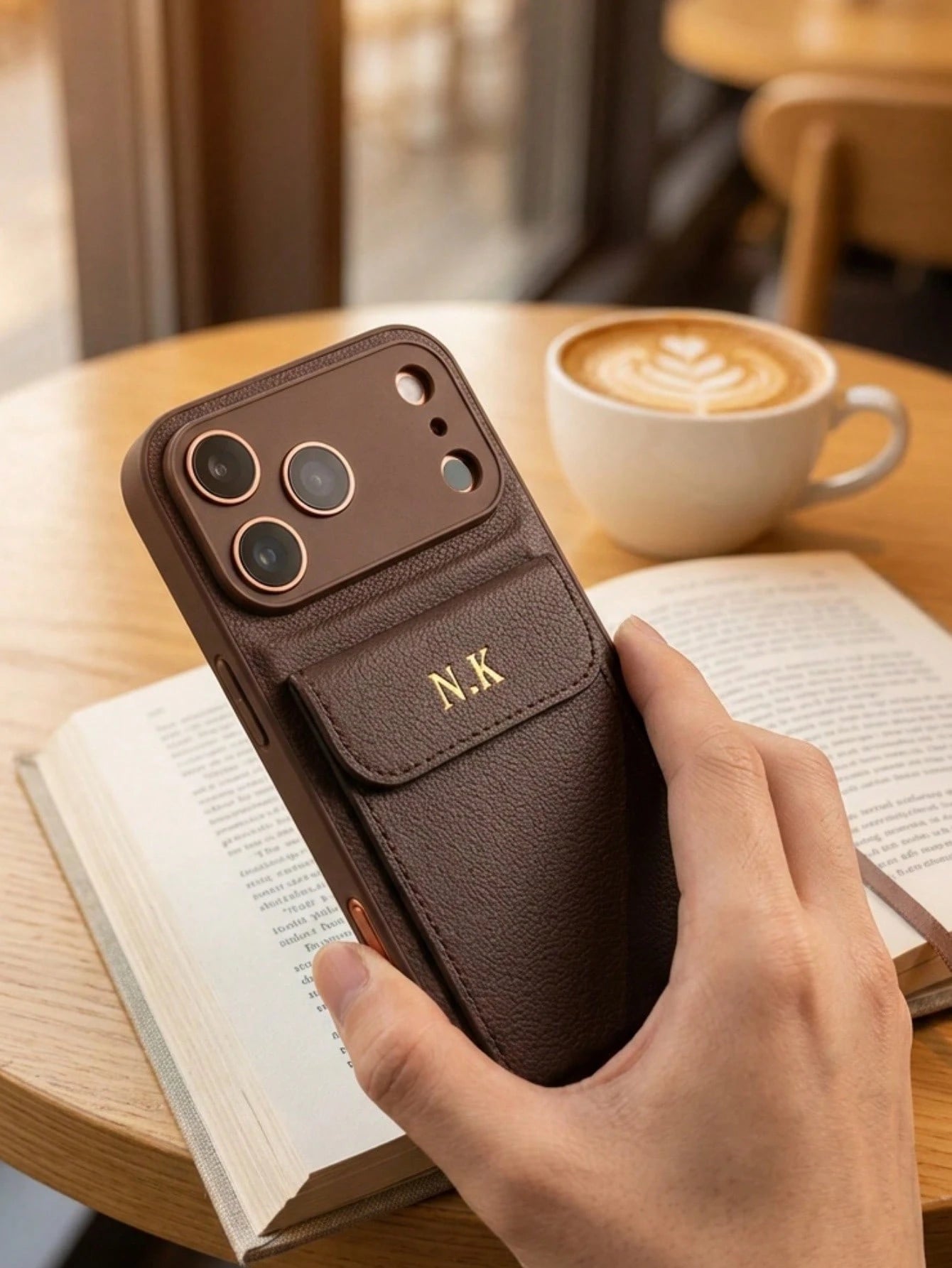 Custom Name Hot Stamping Gold Initials Litchi Texture PU Leather Wallet Phone Case Compatible With IPhone 13 14 15 16 17 Pro Max Plus Air With Card Pocket Full Camera Lens Protection Anti-Scratch Shoc