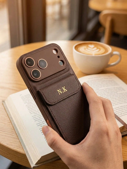 Custom Name Hot Stamping Gold Initials Litchi Texture PU Leather Wallet Phone Case Compatible With IPhone 13 14 15 16 17 Pro Max Plus Air With Card Pocket Full Camera Lens Protection Anti-Scratch Shoc