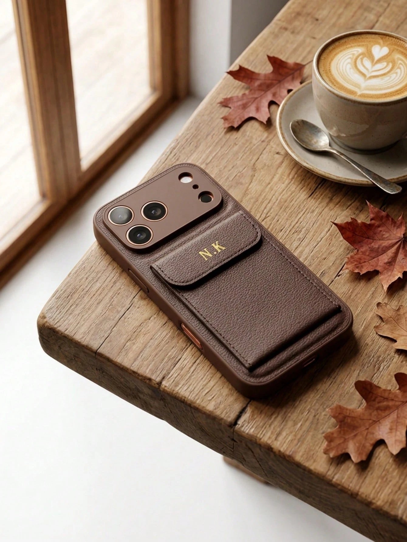 Custom Name Hot Stamping Gold Initials Litchi Texture PU Leather Wallet Phone Case Compatible With IPhone 13 14 15 16 17 Pro Max Plus Air With Card Pocket Full Camera Lens Protection Anti-Scratch Shoc