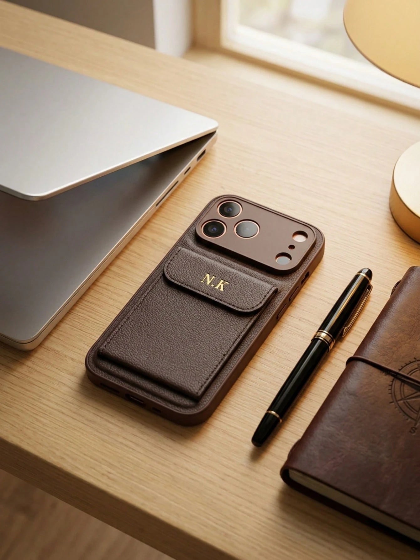 Custom Name Hot Stamping Gold Initials Litchi Texture PU Leather Wallet Phone Case Compatible With IPhone 13 14 15 16 17 Pro Max Plus Air With Card Pocket Full Camera Lens Protection Anti-Scratch Shoc