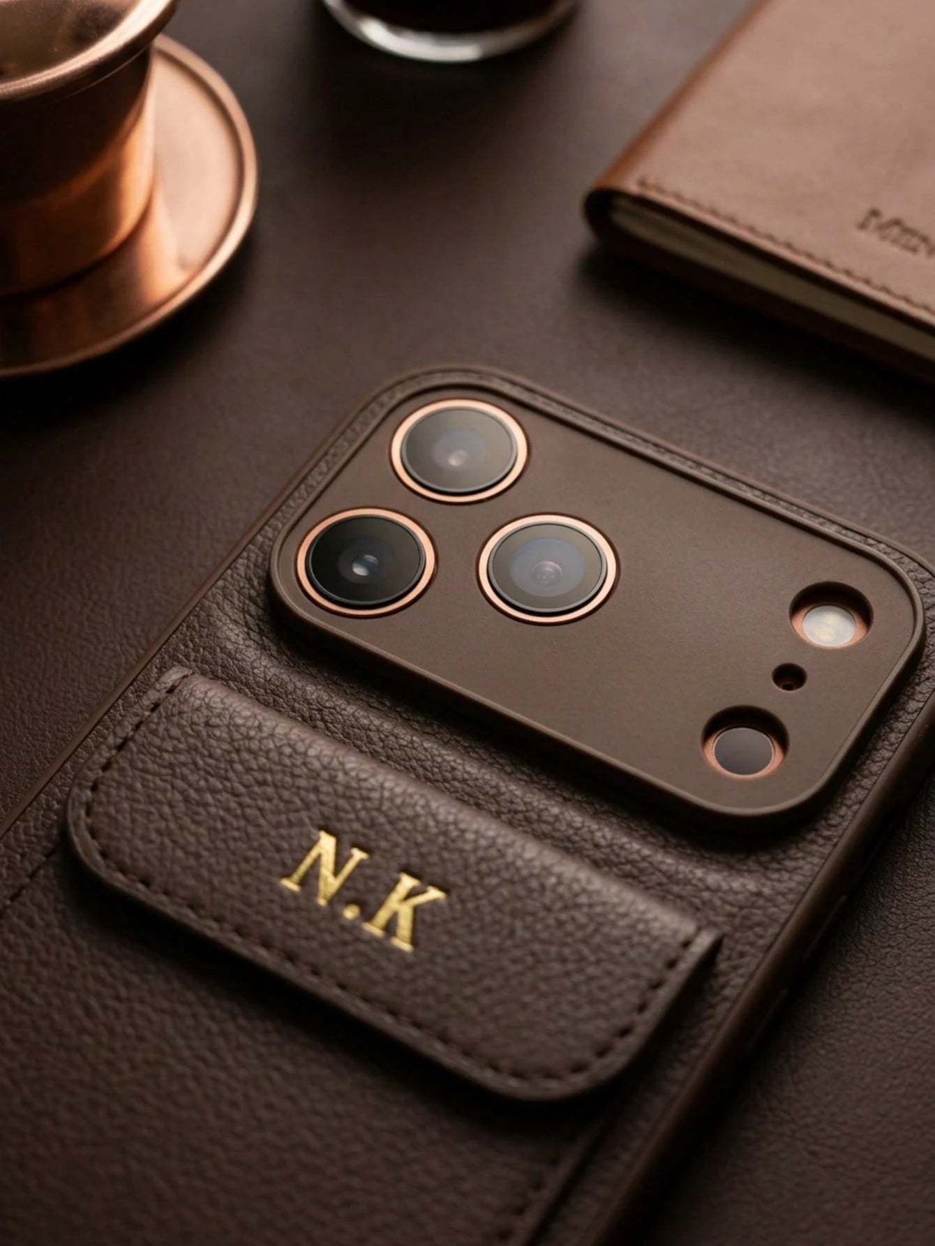 Custom Name Hot Stamping Gold Initials Litchi Texture PU Leather Wallet Phone Case Compatible With IPhone 13 14 15 16 17 Pro Max Plus Air With Card Pocket Full Camera Lens Protection Anti-Scratch Shoc