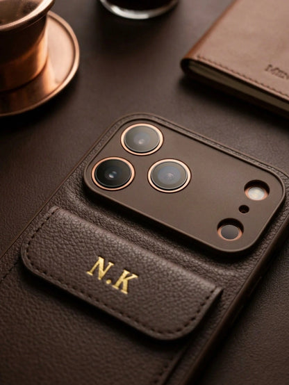 Custom Name Hot Stamping Gold Initials Litchi Texture PU Leather Wallet Phone Case Compatible With IPhone 13 14 15 16 17 Pro Max Plus Air With Card Pocket Full Camera Lens Protection Anti-Scratch Shoc