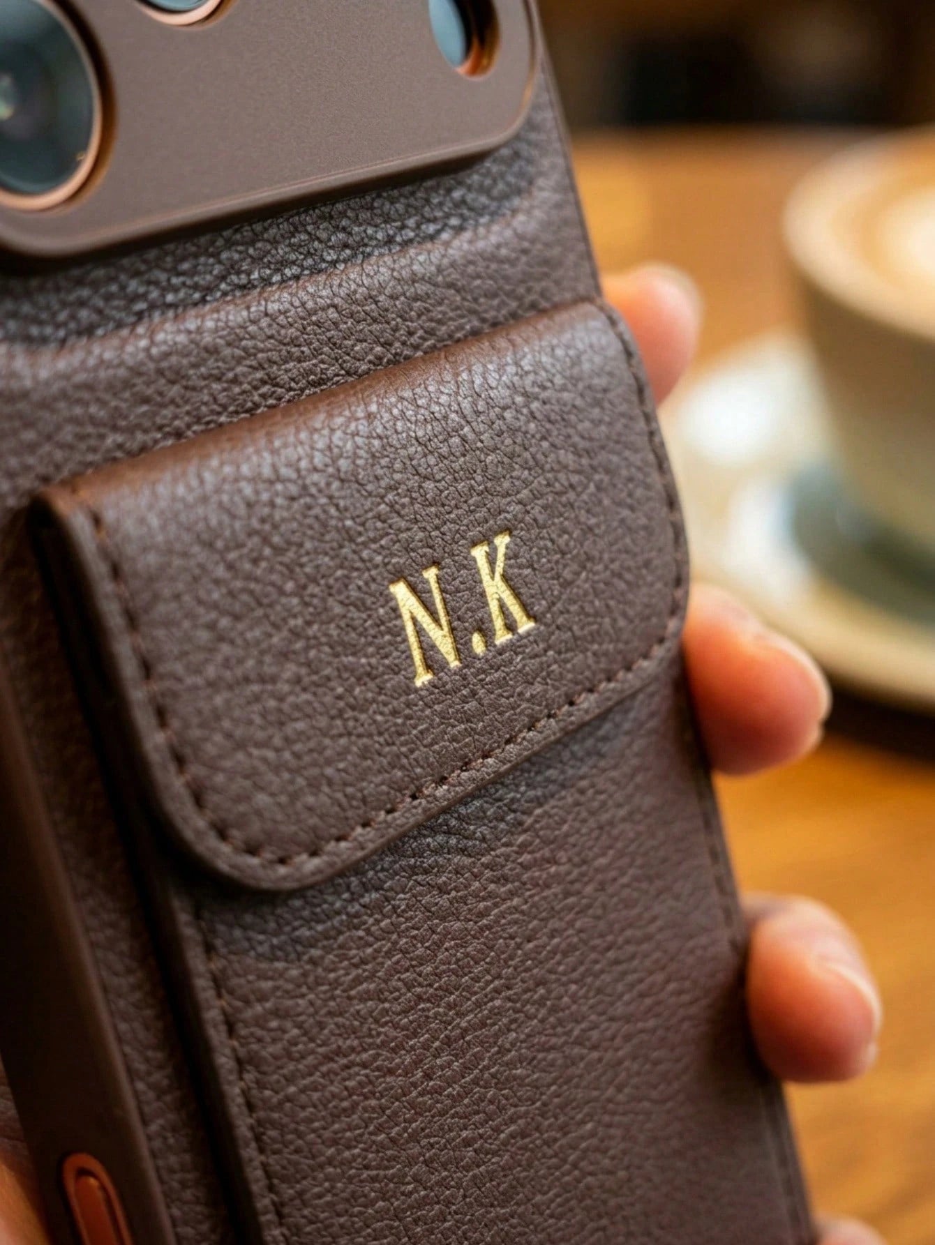 Custom Name Hot Stamping Gold Initials Litchi Texture PU Leather Wallet Phone Case Compatible With IPhone 13 14 15 16 17 Pro Max Plus Air With Card Pocket Full Camera Lens Protection Anti-Scratch Shoc
