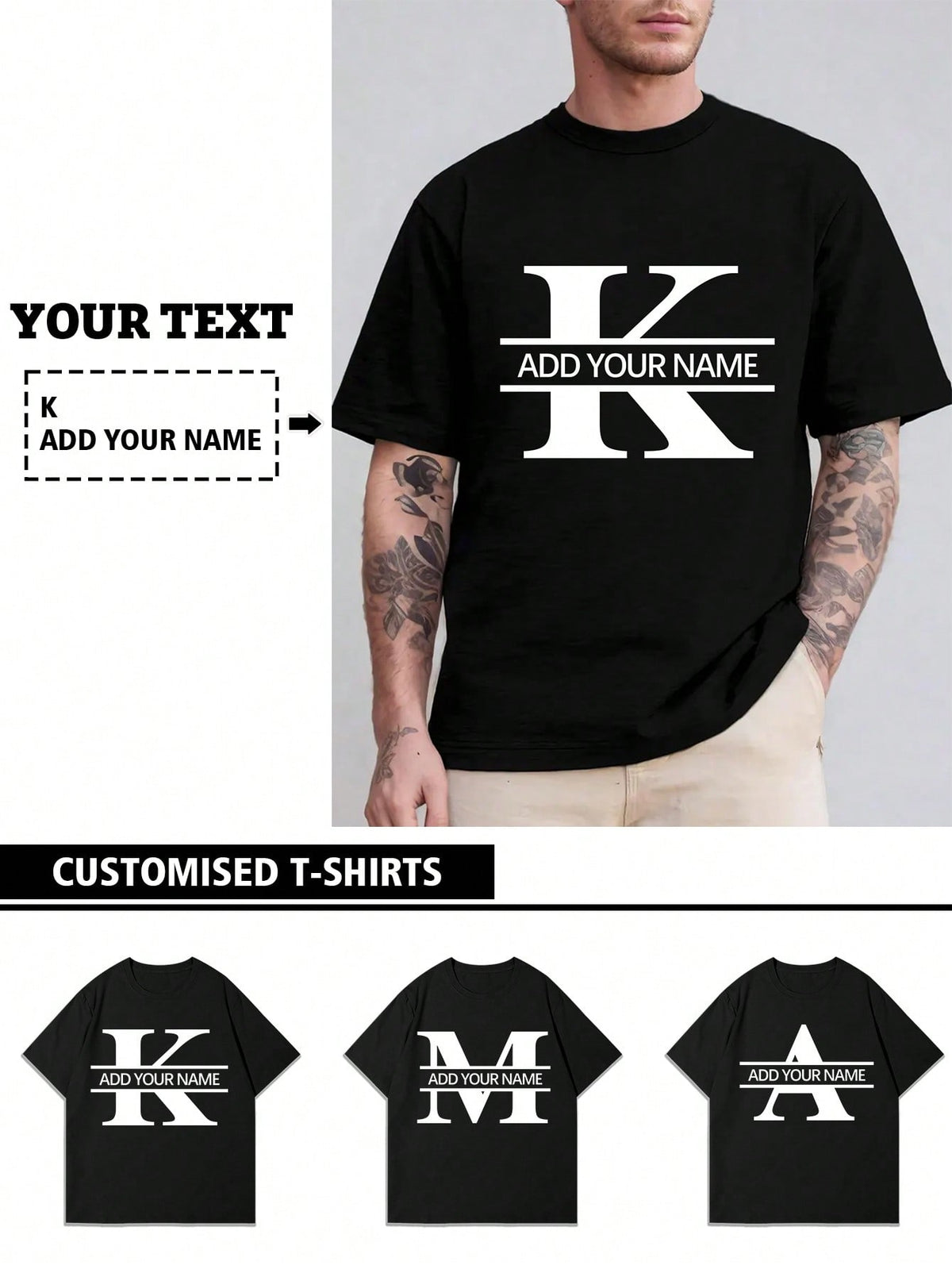 Customized Personalized "Letter, Name, Blessing" Men's T-Shirt, Customize Your Text And Photo, Customize Your Name/Selfie/Baby/Friend/Idol/Couple/Family/Party/School/Sports/Pet Love Photo Print, Logo
