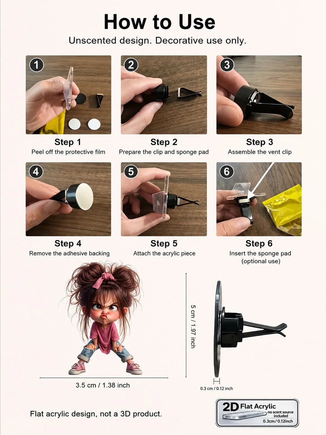 Cute Angry Cartoon Girl Car Air Vent Clip Decor, 2D Flat Acrylic Car Air Vent Ornament, Funny Expression Car Air Vent Decoration Clip, Fragrance-Free Universal Car Interior Accessory, Suitable For All