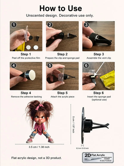 Cute Angry Cartoon Girl Car Air Vent Clip Decor, 2D Flat Acrylic Car Air Vent Ornament, Funny Expression Car Air Vent Decoration Clip, Fragrance-Free Universal Car Interior Accessory, Suitable For All
