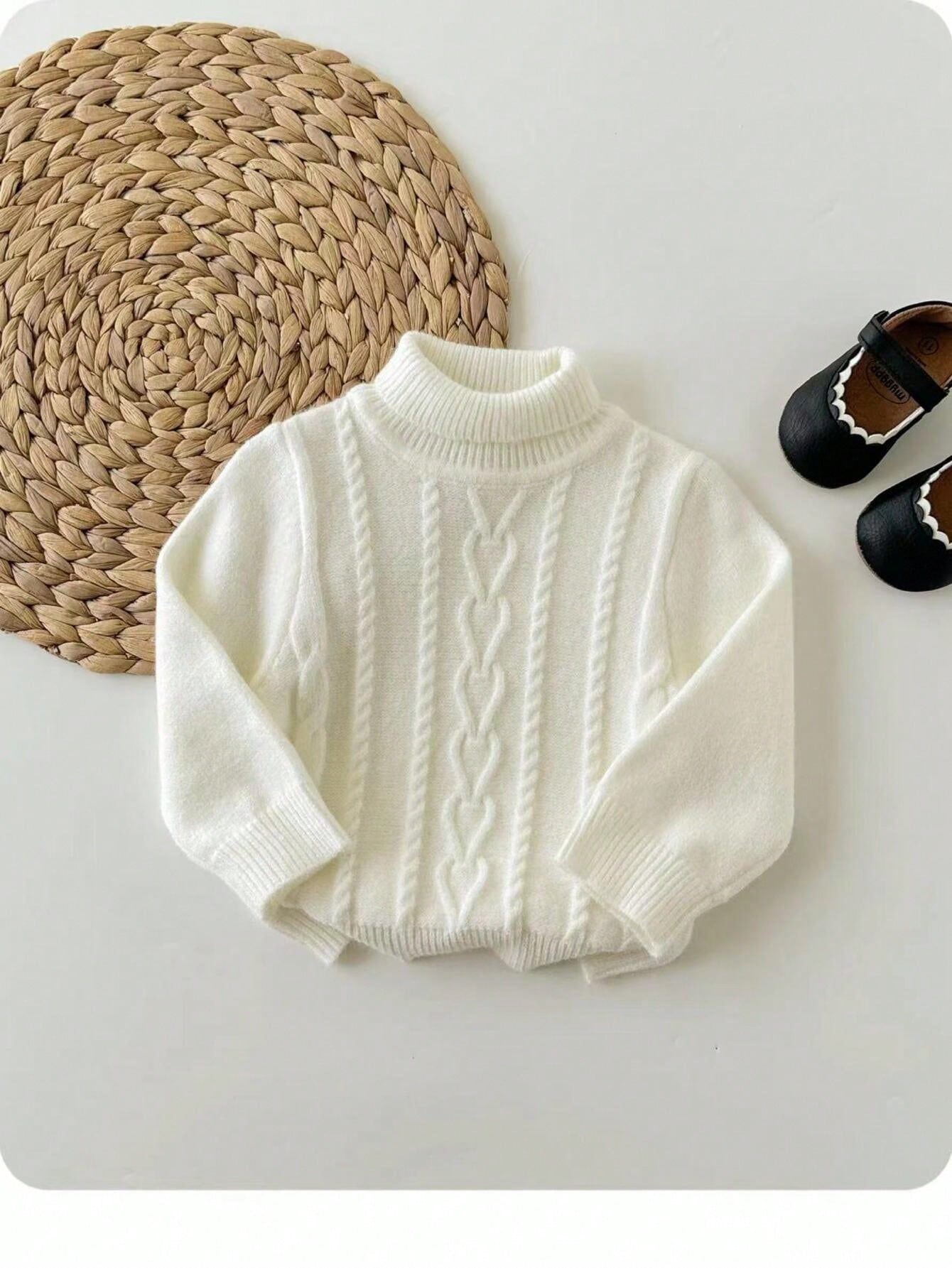 Cute Baby Girl-White Knitted Cardigan Sweater,Autumn Textured Long-Sleeve Pullover For Family Matching,Casual Warm Stylish Winter Top For & Daily