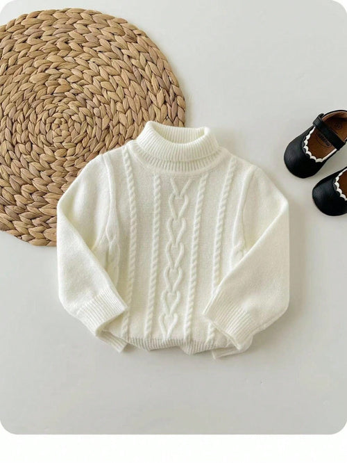 Cute Baby Girl-White Knitted Cardigan Sweater,Autumn Textured Long-Sleeve Pullover For Family Matching,Casual Warm Stylish Winter Top For & Daily
