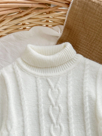 Cute Baby Girl-White Knitted Cardigan Sweater,Autumn Textured Long-Sleeve Pullover For Family Matching,Casual Warm Stylish Winter Top For & Daily