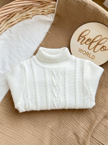 Cute Baby Girl-White Knitted Cardigan Sweater,Autumn Textured Long-Sleeve Pullover For Family Matching,Casual Warm Stylish Winter Top For & Daily