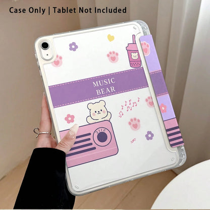 Cute Bear And Milk Tea Pattern Painted Effect Acrylic Crystal Tablet Protective Case With Stand, Compatible With Huawei Matepad SE 11/MatePad 11/MatePad 11.5 2025, Honor Pad 8/9/10, Honor X8/X8A/X9, X