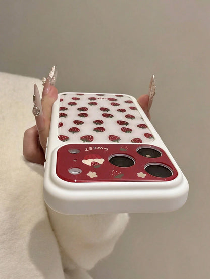 Cute Full-Screen Red Strawberry Dessert White Background Phone Case, Suitable For IPhone 17 Pro Max 16 15 14 Pro Max, Girly Fresh Sweet Protective Back Cover