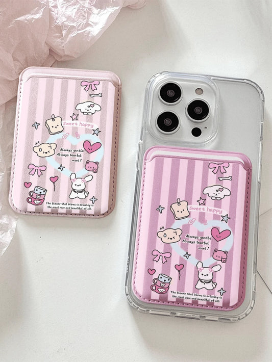 Cute Girly Sketch Style Leather Phone Card Holder Wallet For Magsafe Slim Magnetic Back Pocket Case Accessory