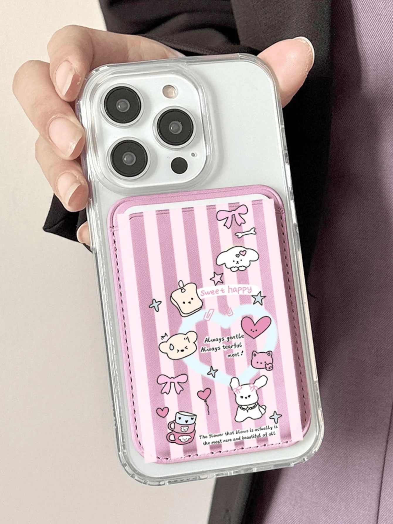 Cute Girly Sketch Style Leather Phone Card Holder Wallet For Magsafe Slim Magnetic Back Pocket Case Accessory