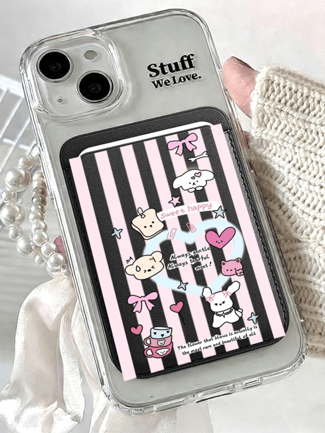 Cute Girly Sketch Style Leather Phone Card Holder Wallet For Magsafe Slim Magnetic Back Pocket Case Accessory