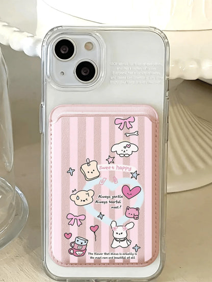 Cute Girly Sketch Style Leather Phone Card Holder Wallet For Magsafe Slim Magnetic Back Pocket Case Accessory