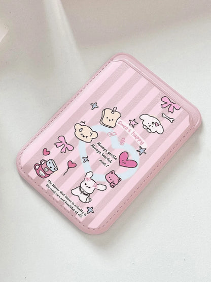 Cute Girly Sketch Style Leather Phone Card Holder Wallet For Magsafe Slim Magnetic Back Pocket Case Accessory
