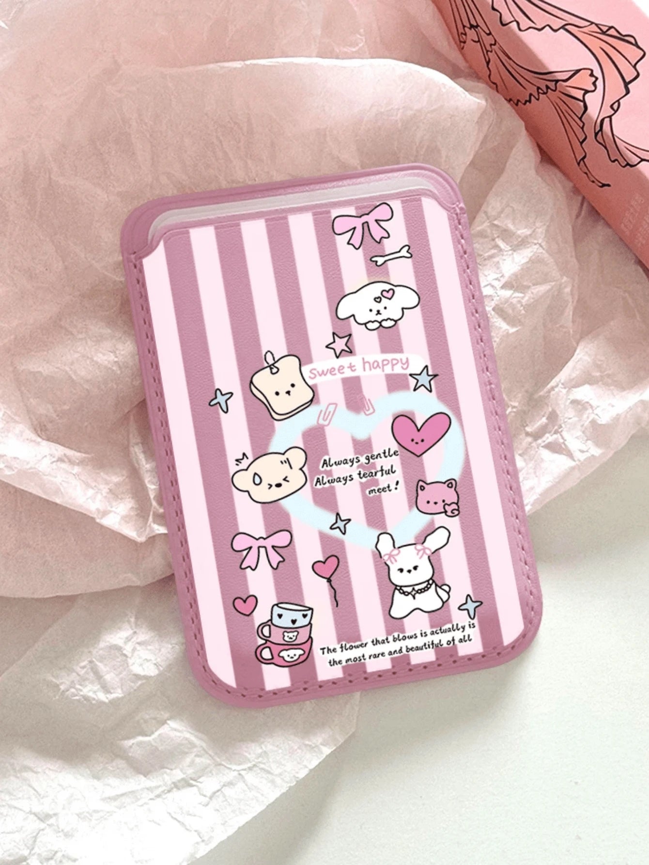 Cute Girly Sketch Style Leather Phone Card Holder Wallet For Magsafe Slim Magnetic Back Pocket Case Accessory